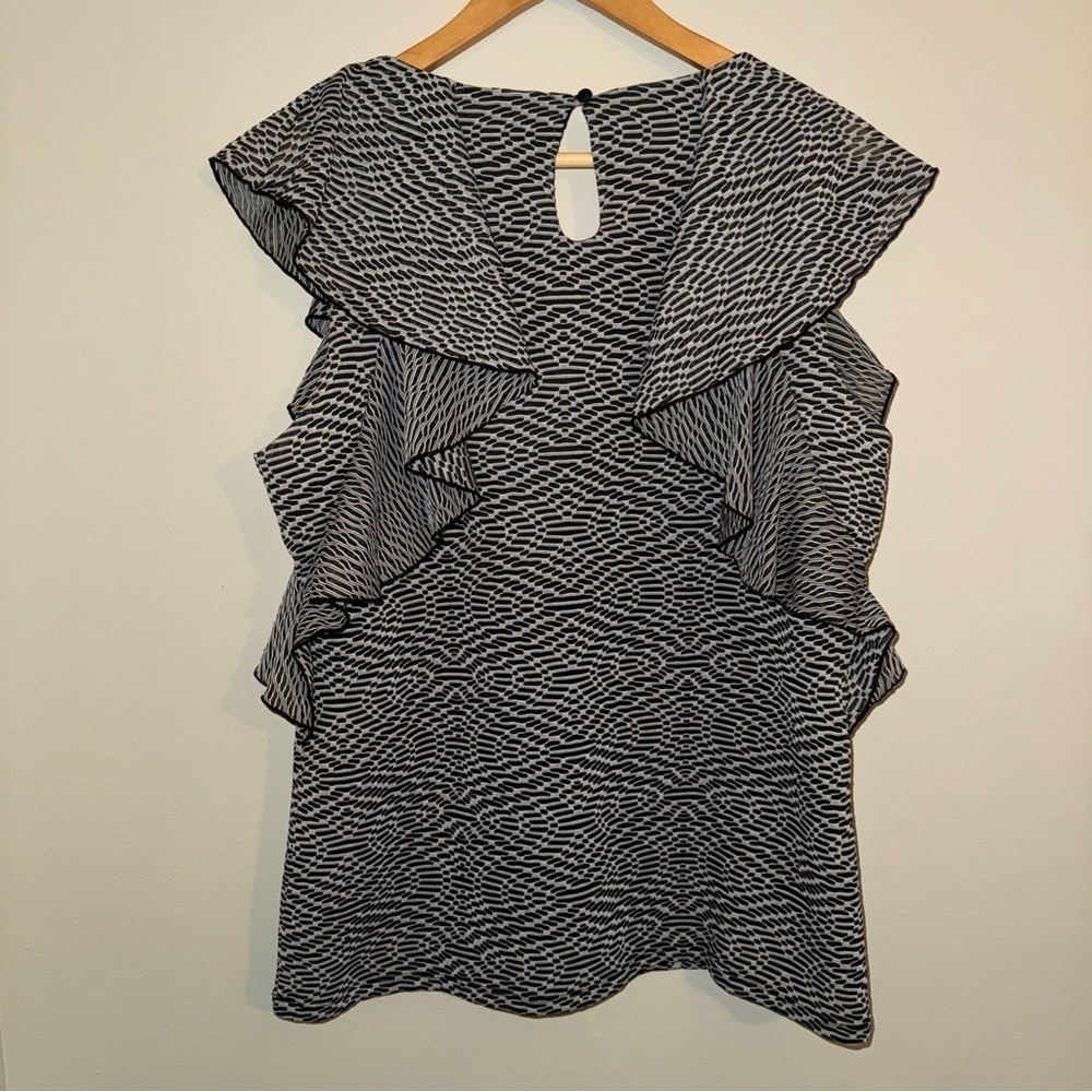 Antonio Melani Womens Black & White Flutter Ruffle Sleeve Blouse Shirt L - Picture 5 of 9